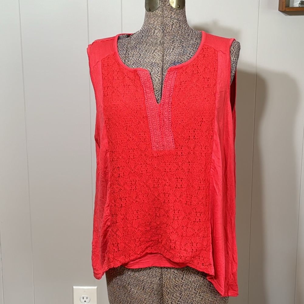 RXB Womens XL Pinkish Red Sleeveless Blouse with Front Lace Overlay